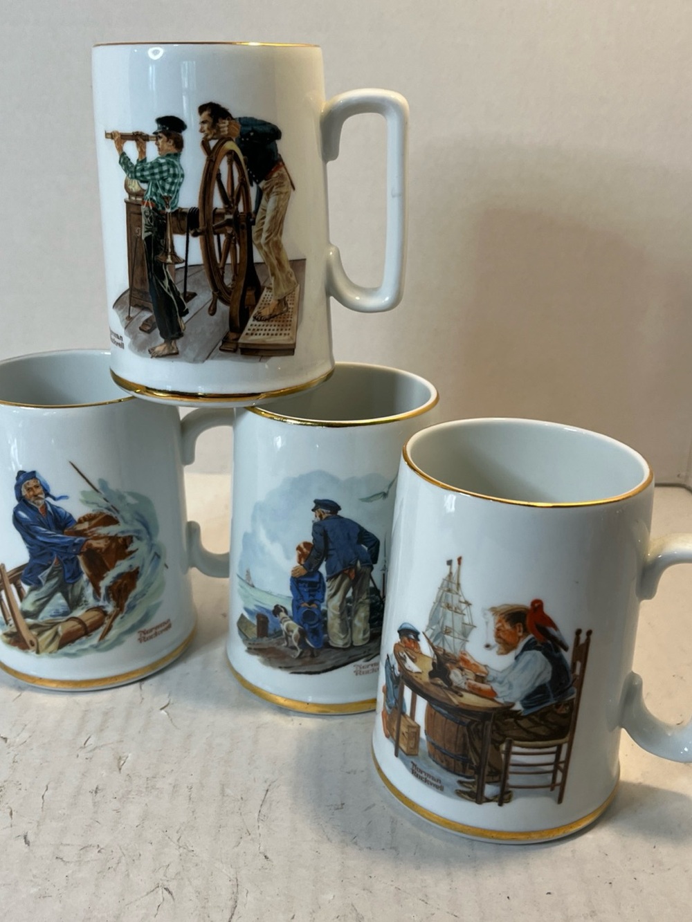 Norman Rockwell White Porcelain Nautical Scene Mug with Gold Trim